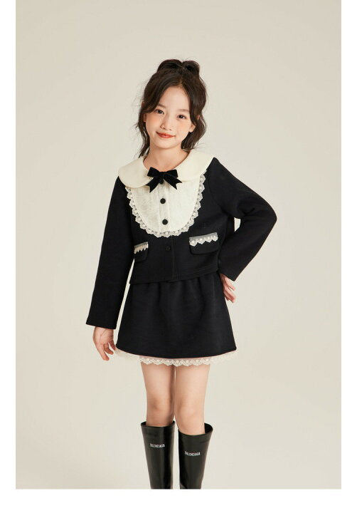 Miu Miu - Girls' Contrast Peter Pan Collar Jacket & Skirt Set - Black/Cream