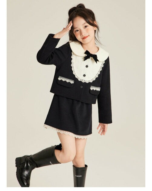 Miu Miu - Girls' Contrast Peter Pan Collar Jacket & Skirt Set - Black/Cream
