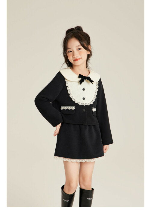 Miu Miu - Girls' Contrast Peter Pan Collar Jacket & Skirt Set - Black/Cream