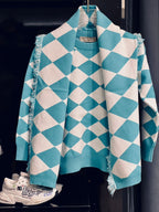 Burberry - Kids Turquoise & White Argyle Knit Sweater with Fringed Scarf Detail