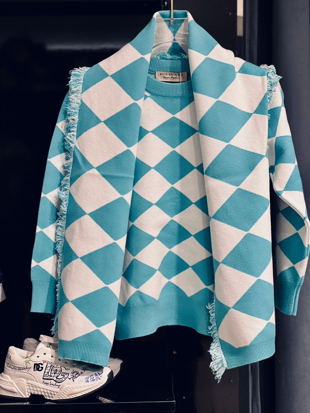 Burberry - Kids Turquoise & White Argyle Knit Sweater with Fringed Scarf Detail