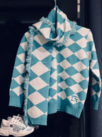 Burberry - Kids Turquoise & White Argyle Knit Sweater with Fringed Scarf Detail