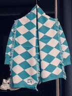 Burberry - Kids Turquoise & White Argyle Knit Sweater with Fringed Scarf Detail
