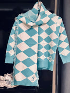 Burberry - Kids Turquoise & White Argyle Knit Sweater with Fringed Scarf Detail