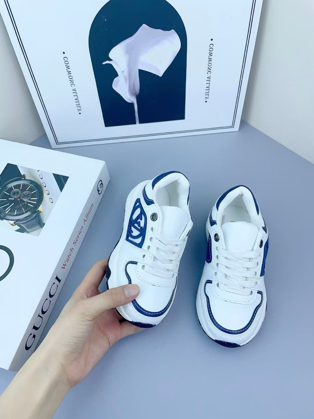 Louis Vuitton - Junior Low-Top Sneakers | White Leather with Blue Monogram Detail
