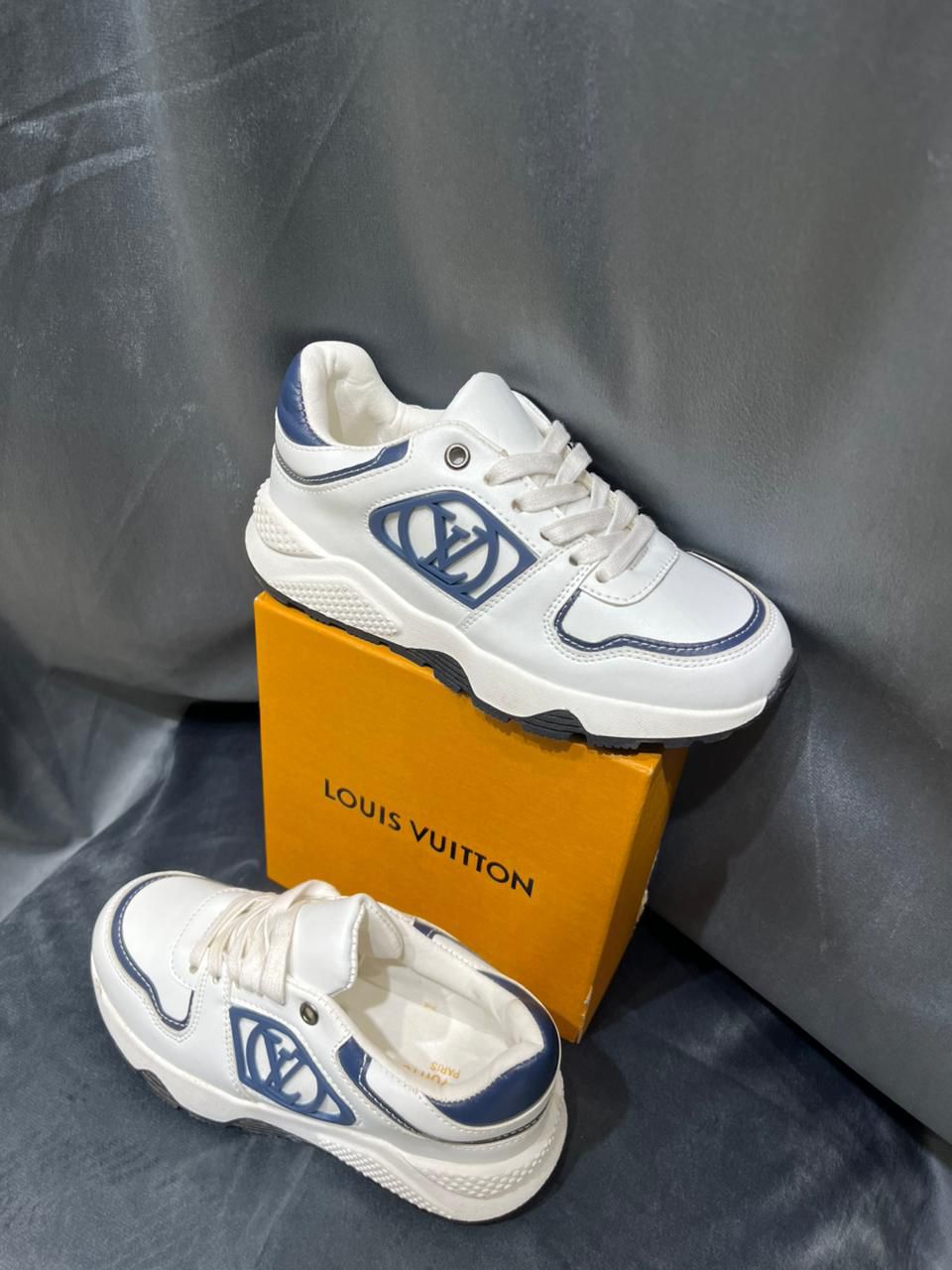 Louis Vuitton - Junior Low-Top Sneakers | White Leather with Blue Monogram Detail