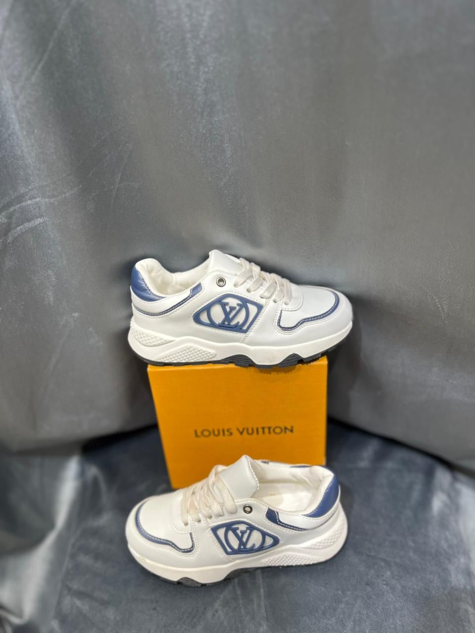 Louis Vuitton - Junior Low-Top Sneakers | White Leather with Blue Monogram Detail