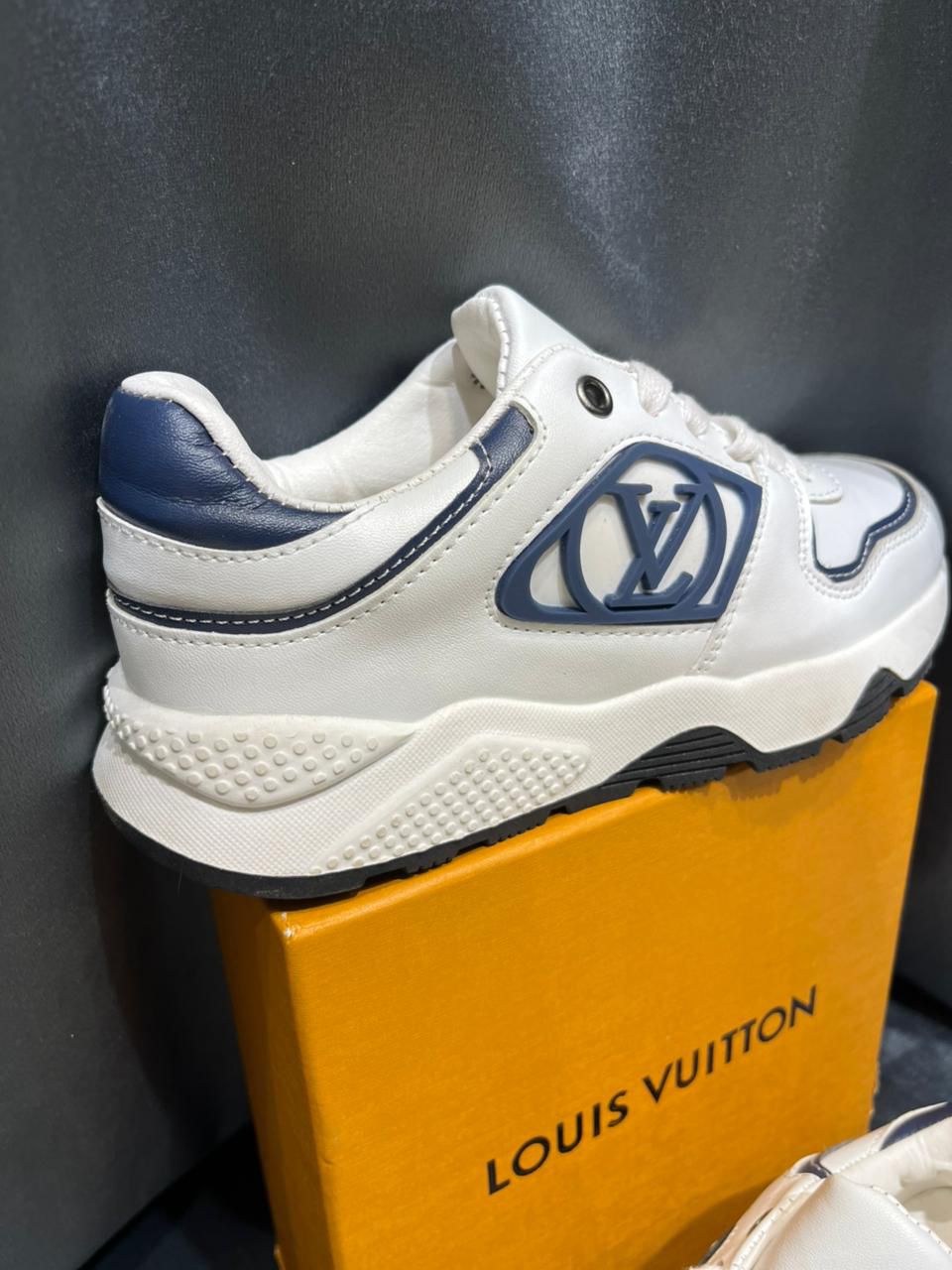 Louis Vuitton - Junior Low-Top Sneakers | White Leather with Blue Monogram Detail