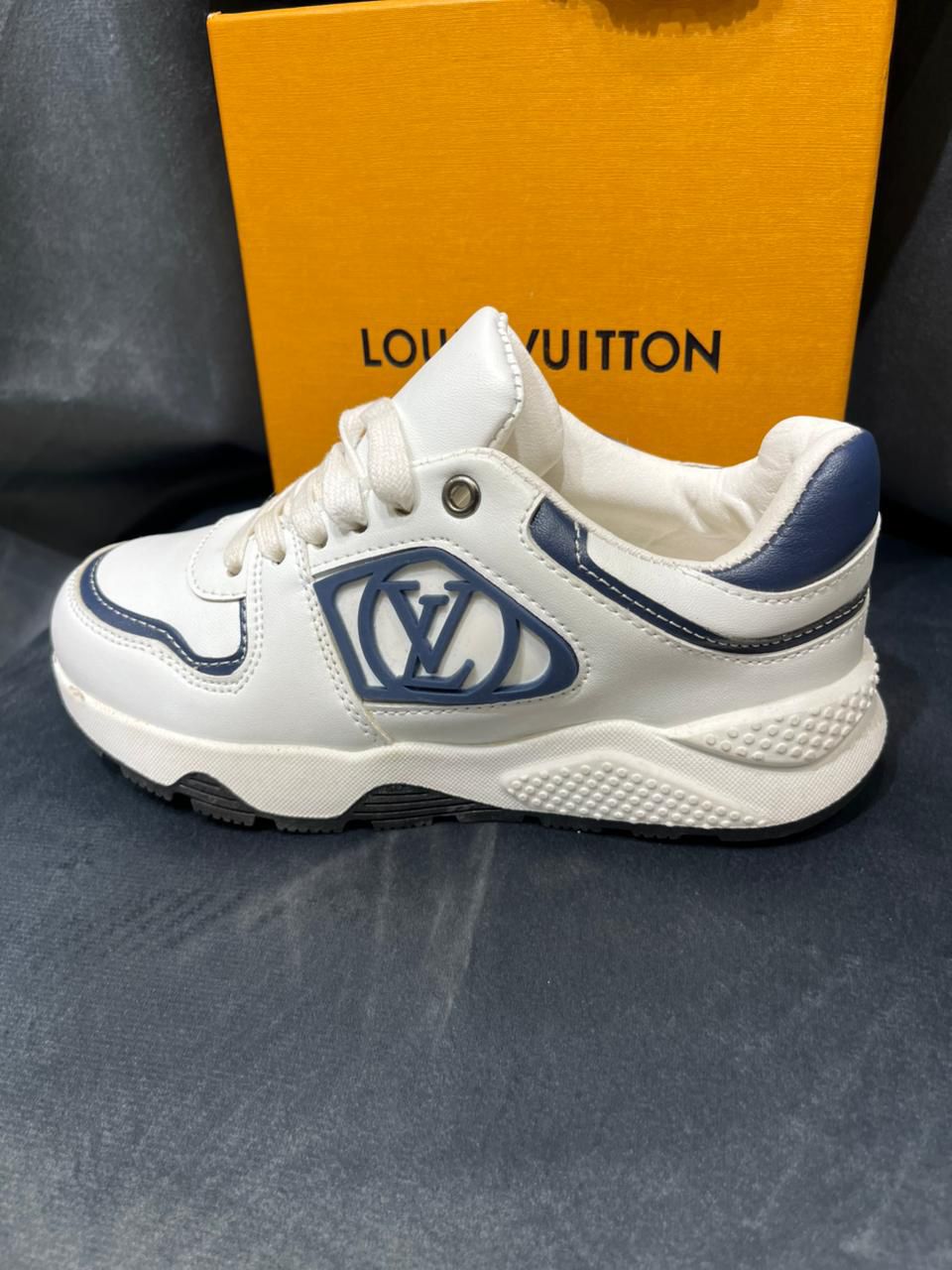 Louis Vuitton - Junior Low-Top Sneakers | White Leather with Blue Monogram Detail