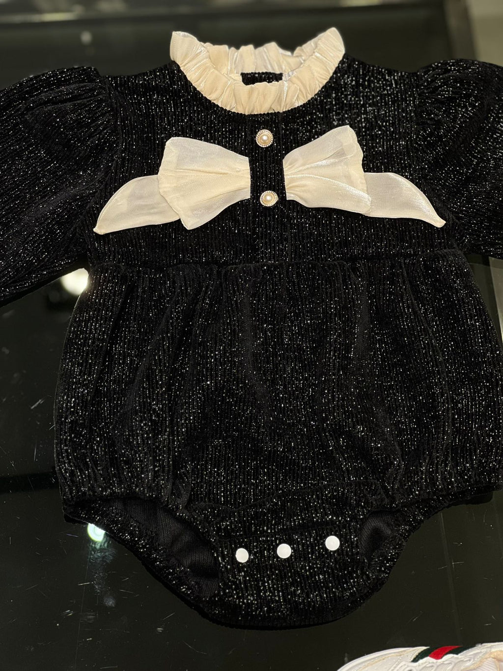 Chanel - Baby Black Shimmer Knit Romper with Ruffle Collar & Dual Silk Bows