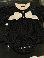 Chanel - Baby Black Shimmer Knit Romper with Ruffle Collar & Dual Silk Bows