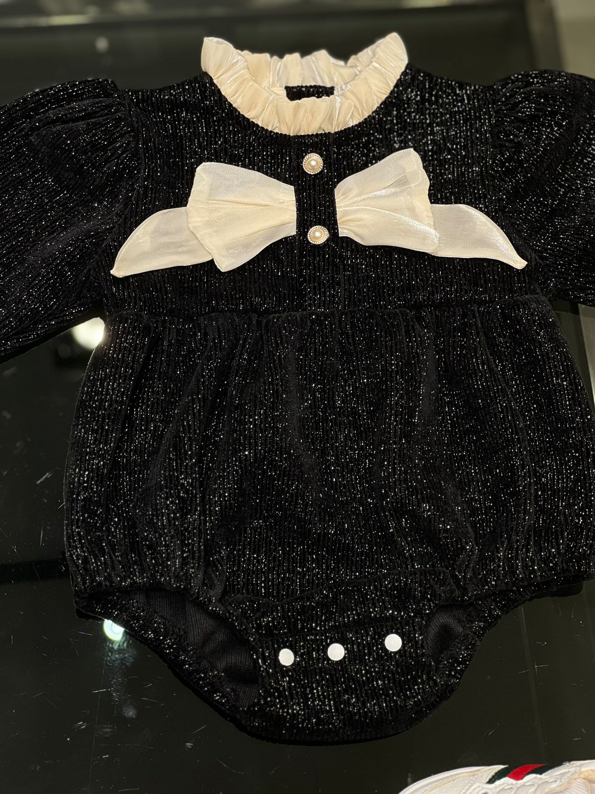 Chanel - Baby Black Shimmer Knit Romper with Ruffle Collar & Dual Silk Bows