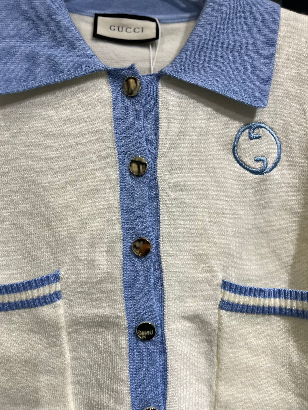 Gucci - Kids' Interlocking G Contrast Trim Cardigan - Cream/Light Blue