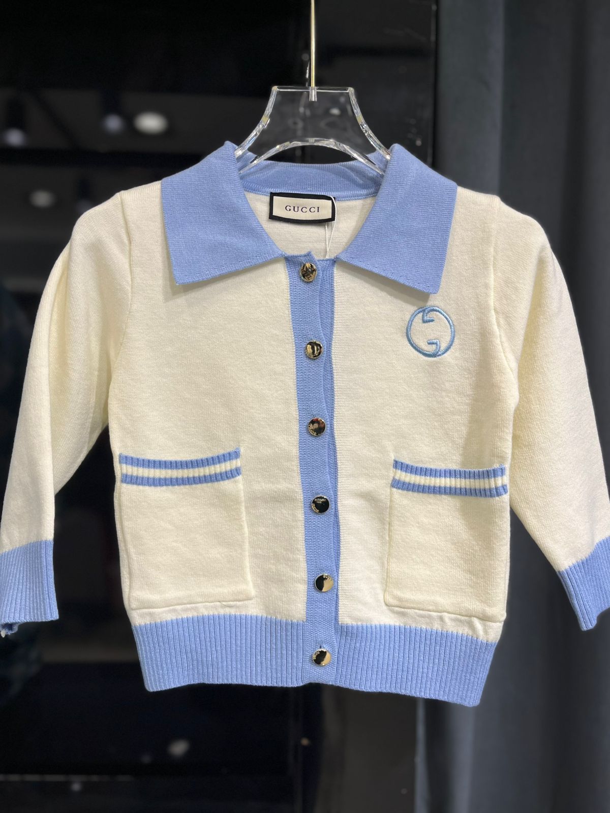 Gucci - Kids' Interlocking G Contrast Trim Cardigan - Cream/Light Blue