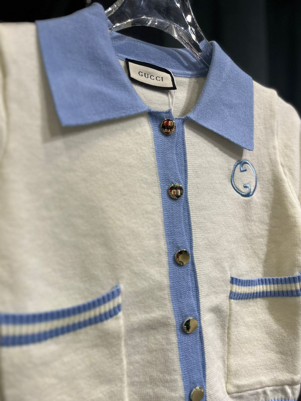 Gucci - Kids' Interlocking G Contrast Trim Cardigan - Cream/Light Blue
