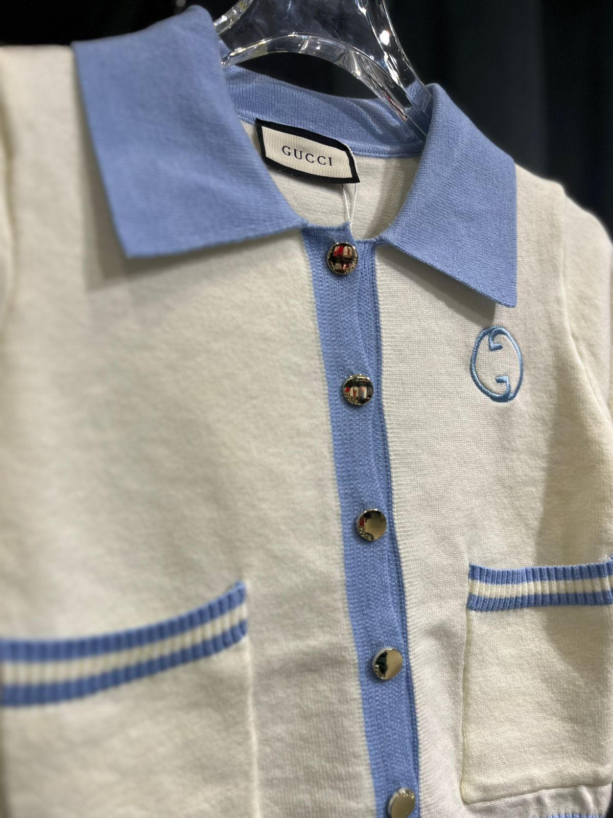 Gucci - Kids' Interlocking G Contrast Trim Cardigan - Cream/Light Blue