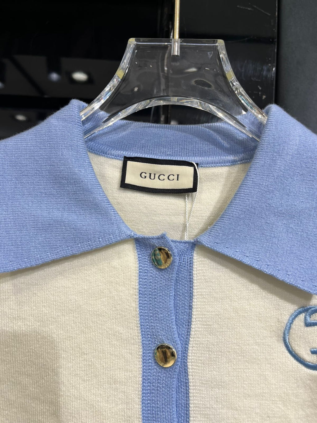 Gucci - Kids' Interlocking G Contrast Trim Cardigan - Cream/Light Blue