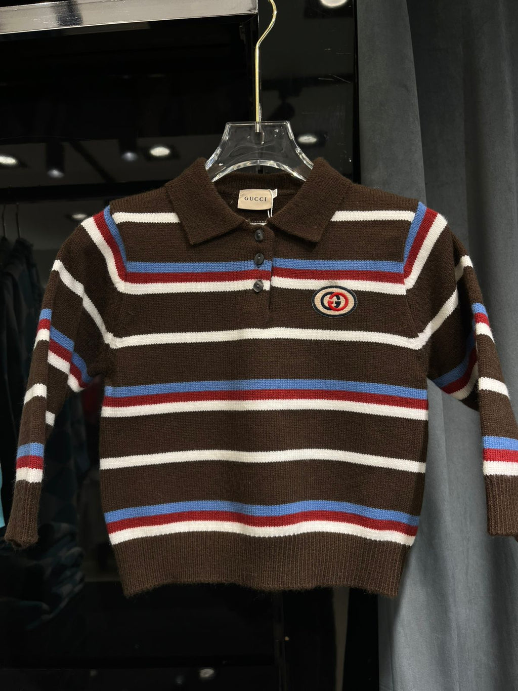 Gucci - Kids Striped Knit Polo Sweater with Interlocking G Patch - Brown/Multi