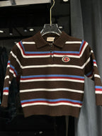 Gucci - Kids Striped Knit Polo Sweater with Interlocking G Patch - Brown/Multi