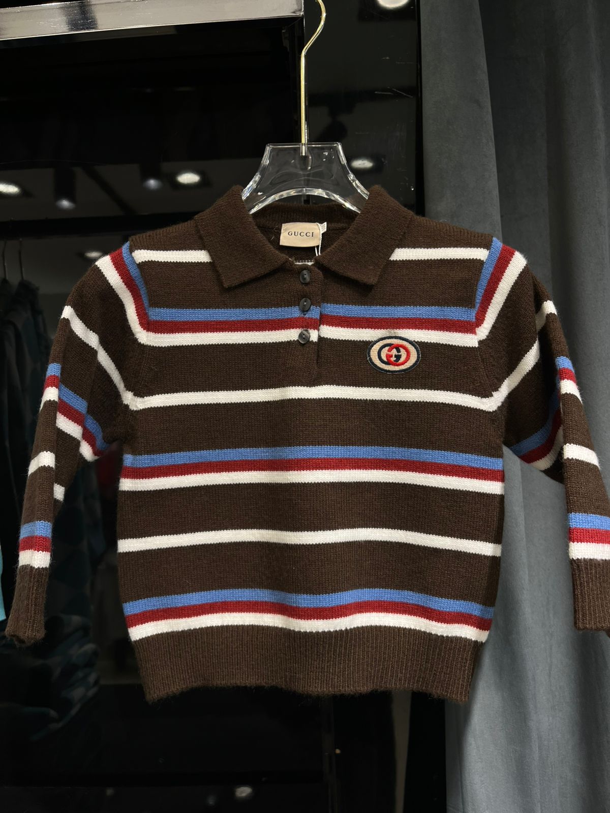 Gucci - Kids Striped Knit Polo Sweater with Interlocking G Patch - Brown/Multi