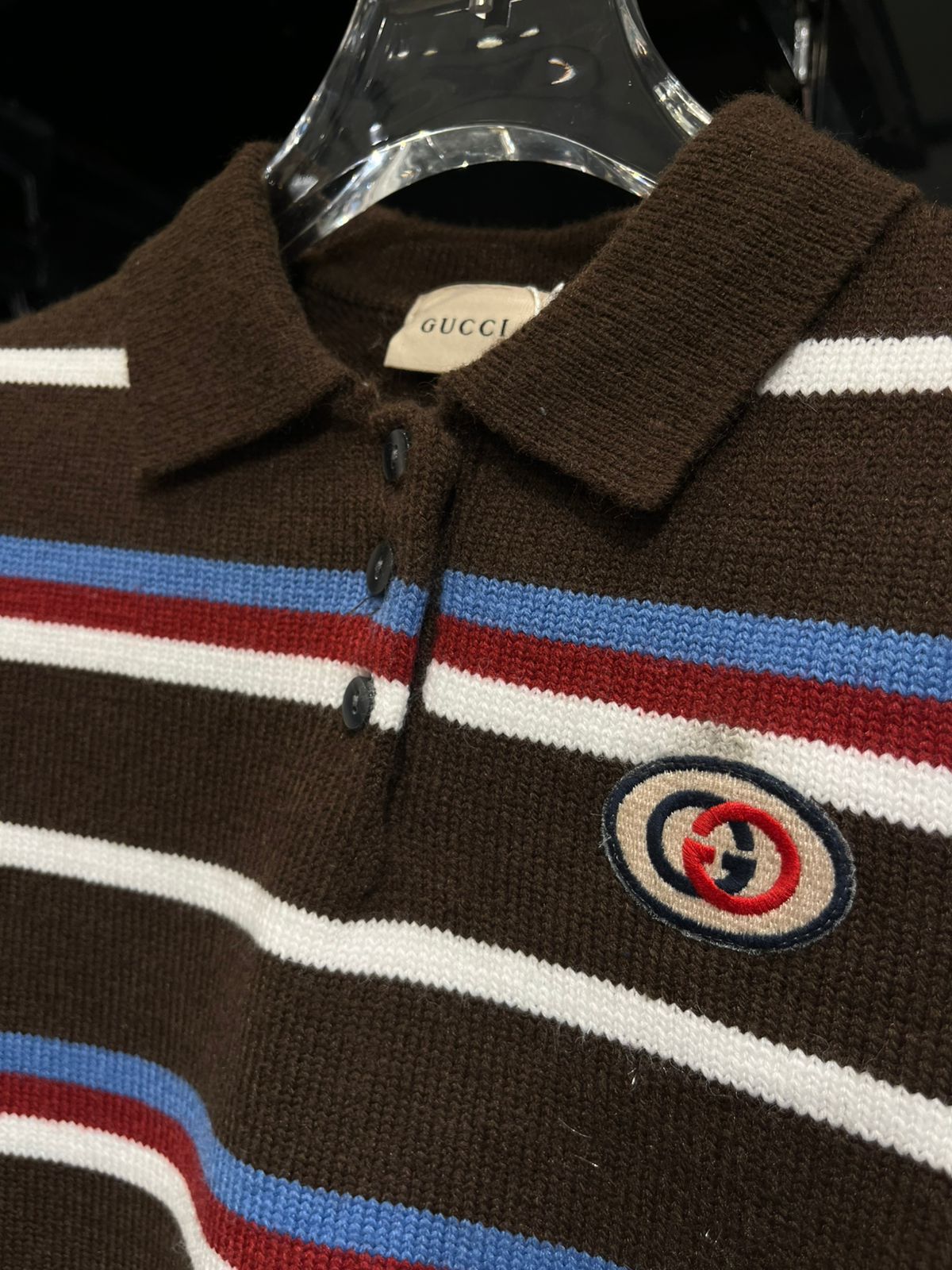 Gucci - Kids Striped Knit Polo Sweater with Interlocking G Patch - Brown/Multi