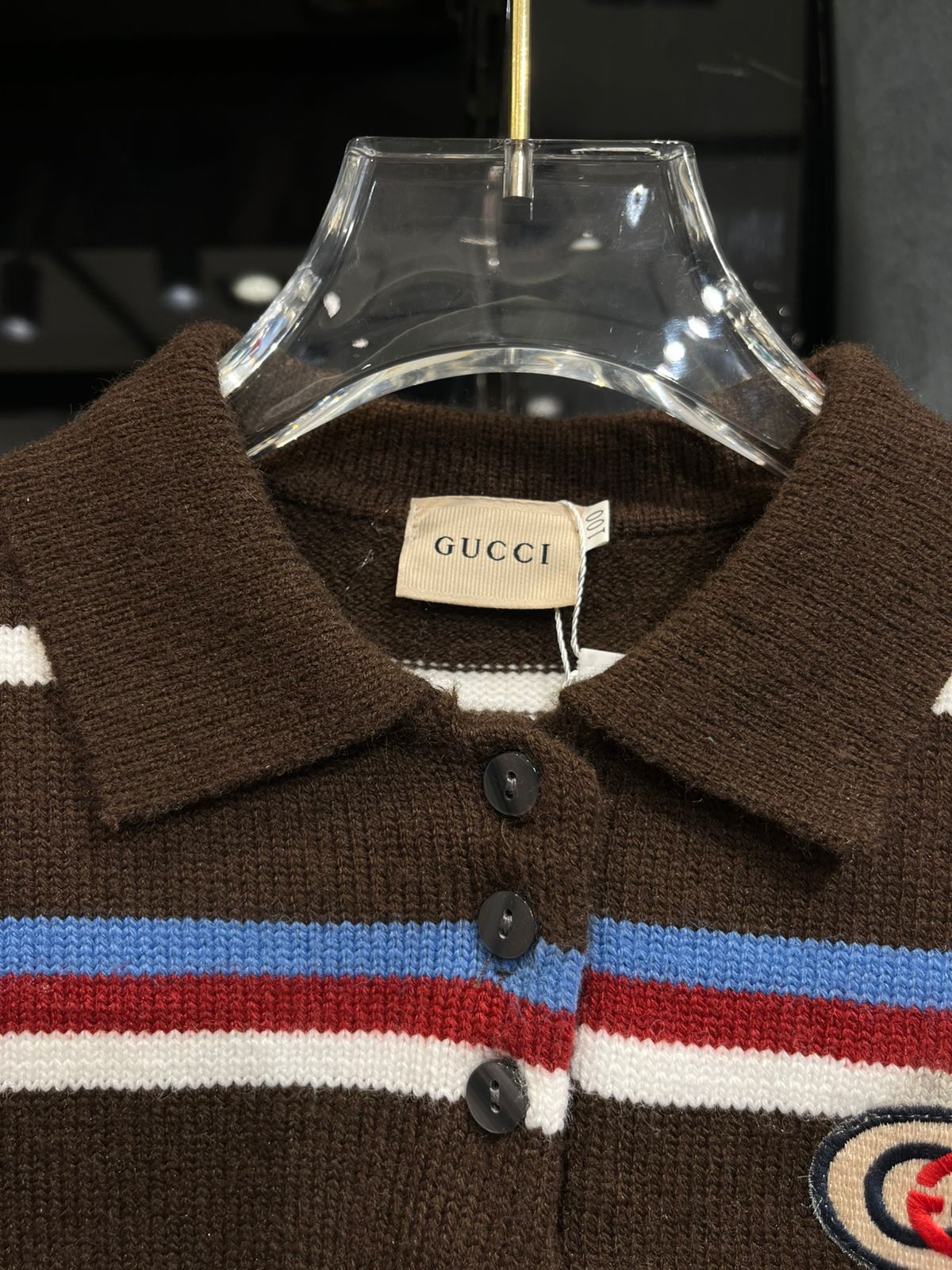 Gucci - Kids Striped Knit Polo Sweater with Interlocking G Patch - Brown/Multi