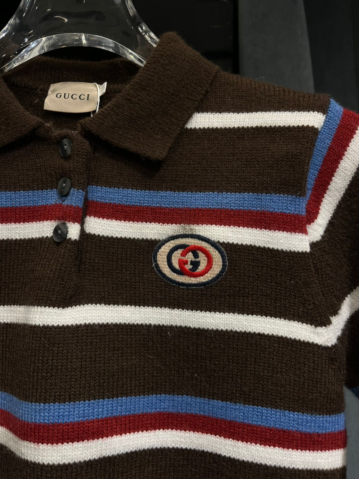 Gucci - Kids Striped Knit Polo Sweater with Interlocking G Patch - Brown/Multi