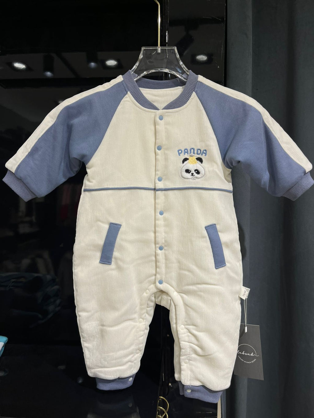 Fashion - Premium Soft Corduroy Panda Jumpsuit - Slate Blue & Cream