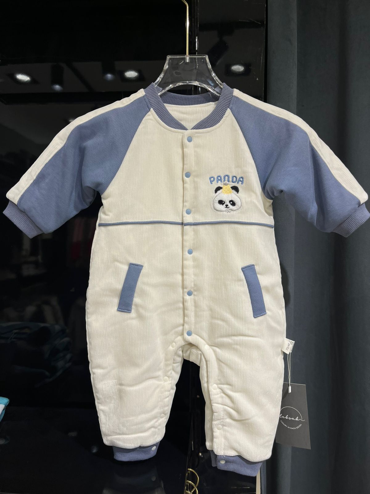 Fashion - Premium Soft Corduroy Panda Jumpsuit - Slate Blue & Cream