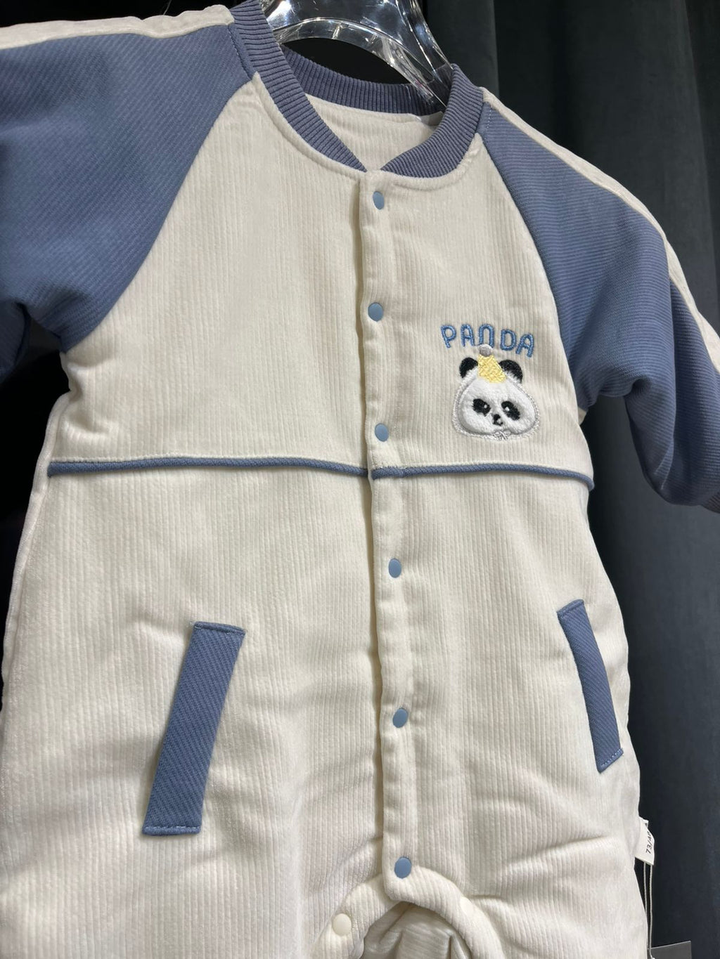 Fashion - Premium Soft Corduroy Panda Jumpsuit - Slate Blue & Cream