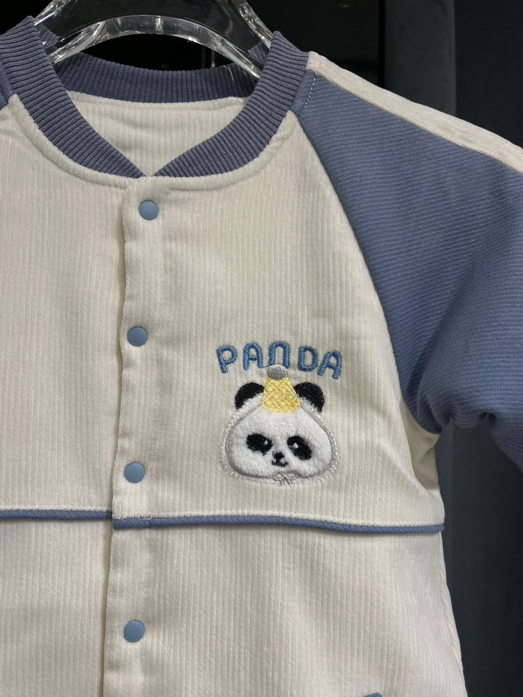 Fashion - Premium Soft Corduroy Panda Jumpsuit - Slate Blue & Cream