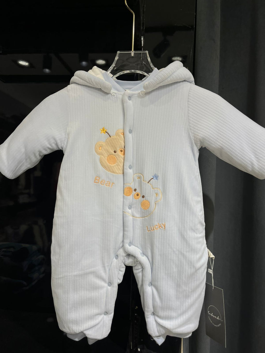 Fashion -"Lucky Bear" Thermal Ribbed Hooded Romper - Sky Blue