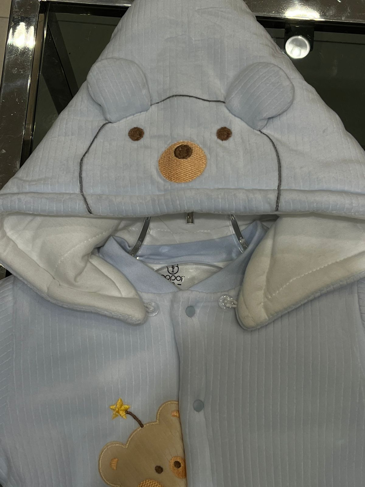 Fashion -"Lucky Bear" Thermal Ribbed Hooded Romper - Sky Blue