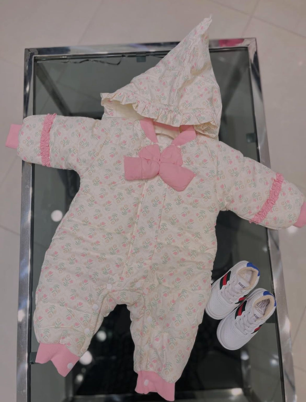 Fashion -Vintage Garden Quilted Pram Suit – Pink Floral with Statement Bow