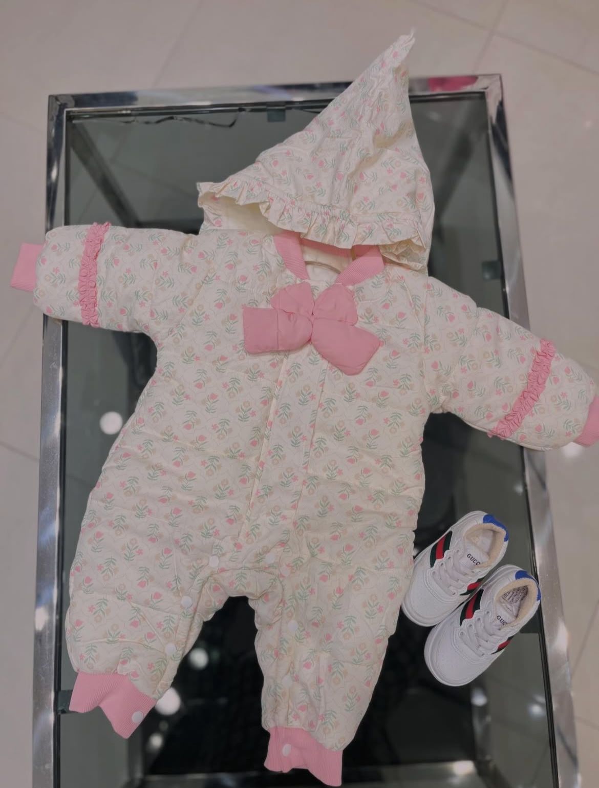 Fashion -Vintage Garden Quilted Pram Suit – Pink Floral with Statement Bow