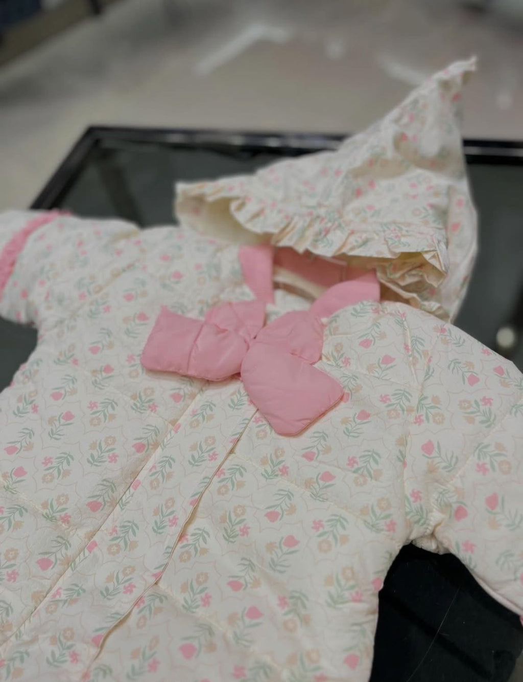 Fashion -Vintage Garden Quilted Pram Suit – Pink Floral with Statement Bow