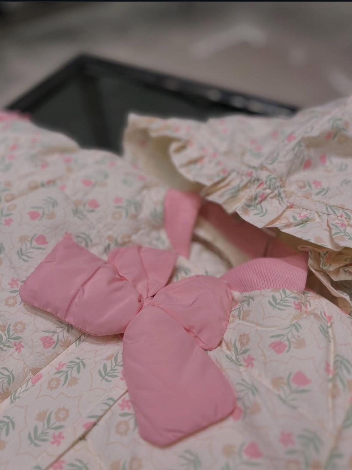 Fashion -Vintage Garden Quilted Pram Suit – Pink Floral with Statement Bow