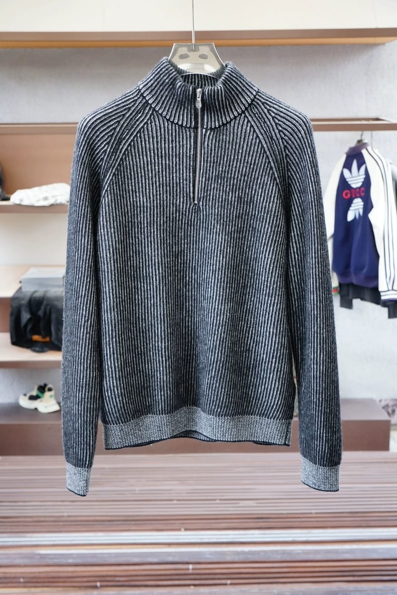 Brunello Cucinelli - Striped Ribbed Knit Quarter-Zip Sweater - Dark Grey