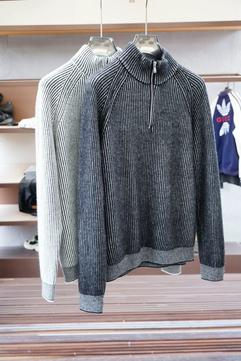 Brunello Cucinelli - Striped Ribbed Knit Quarter-Zip Sweater - Dark Grey