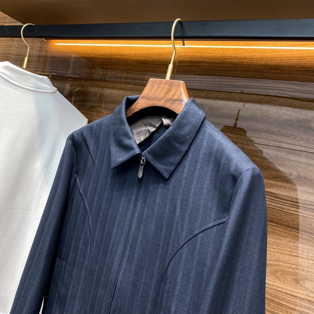 Zegna - Navy Shadow Stripe Zip-Up Jacket