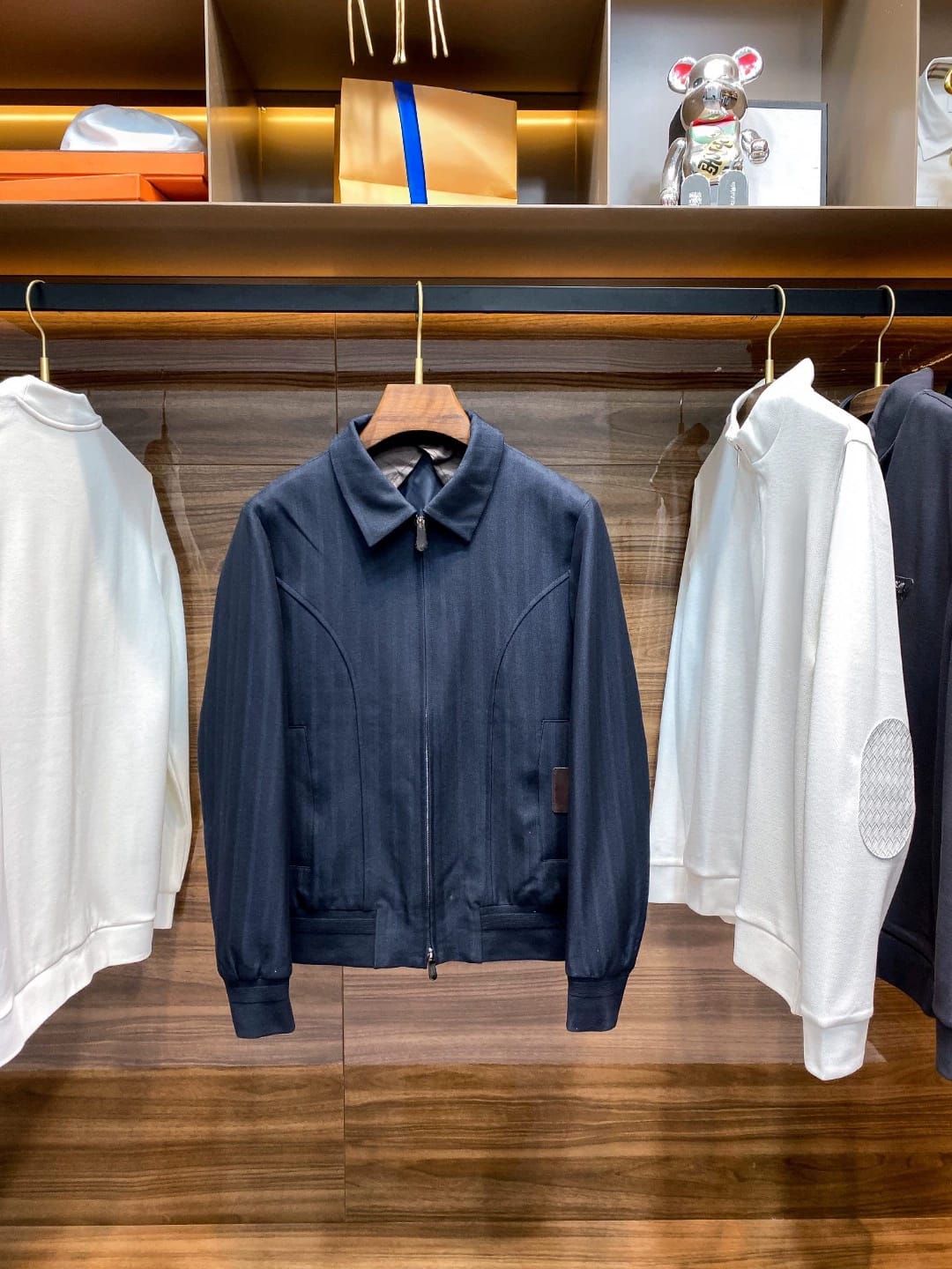 Zegna - Navy Shadow Stripe Zip-Up Jacket