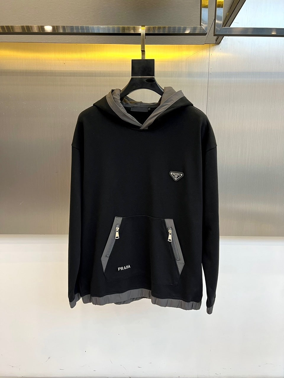 Prada - Black Cotton & Nylon Hoodie with Triangle Logo