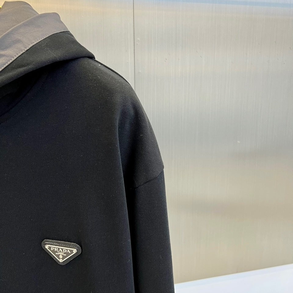 Prada - Black Cotton & Nylon Hoodie with Triangle Logo