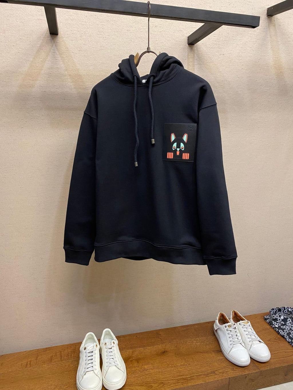 Loewe - Black Cotton Hoodie with Leather Bunny Patch
