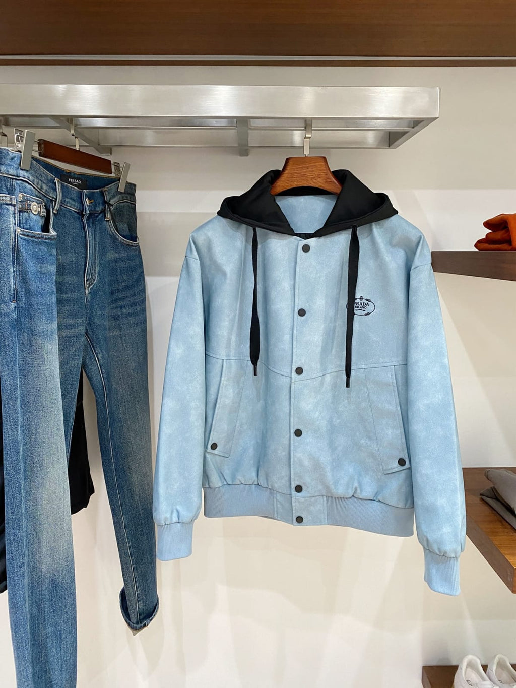 Prada - Light Blue Suede-Effect Hooded Bomber Jacket
