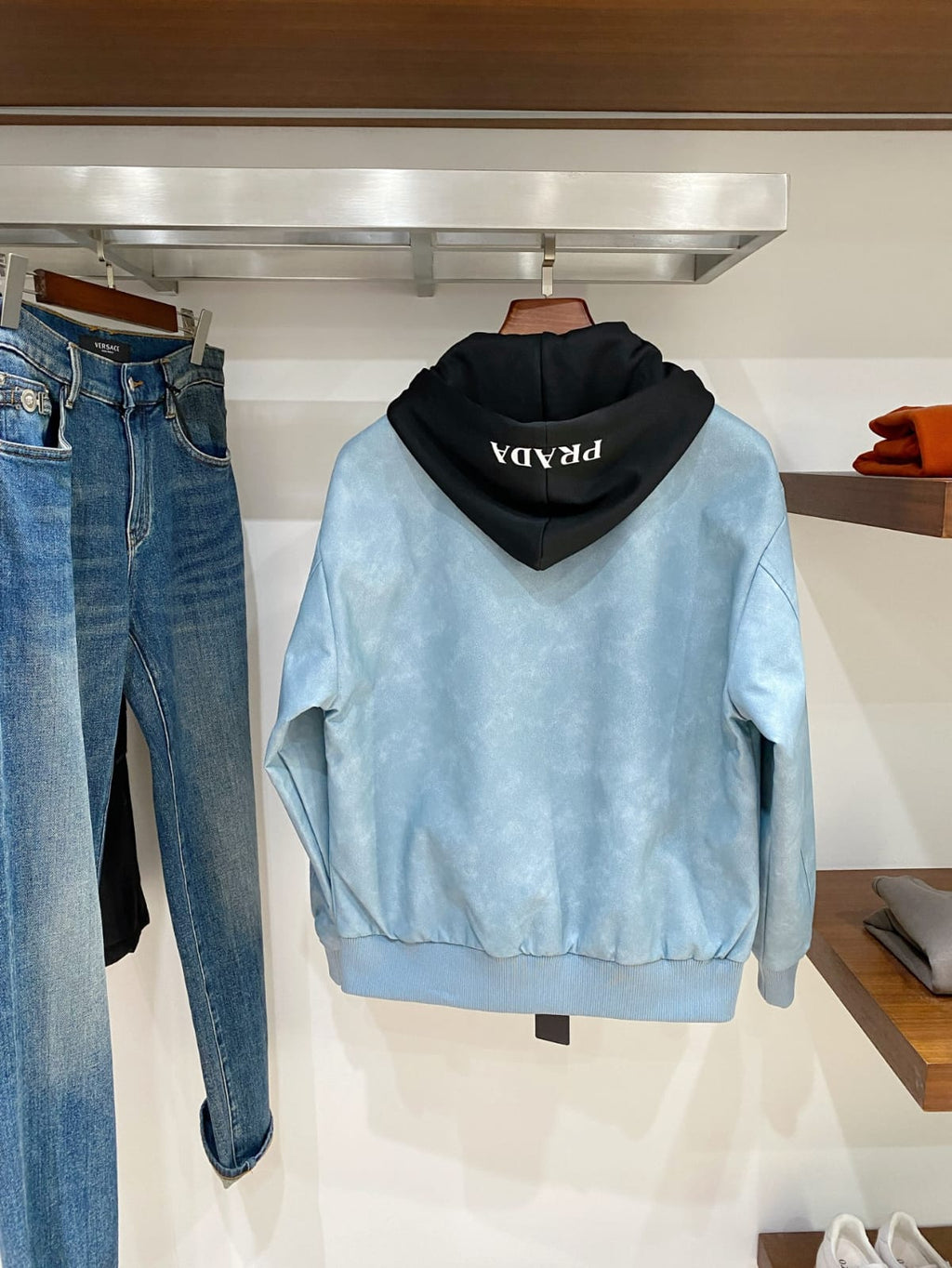 Prada - Light Blue Suede-Effect Hooded Bomber Jacket