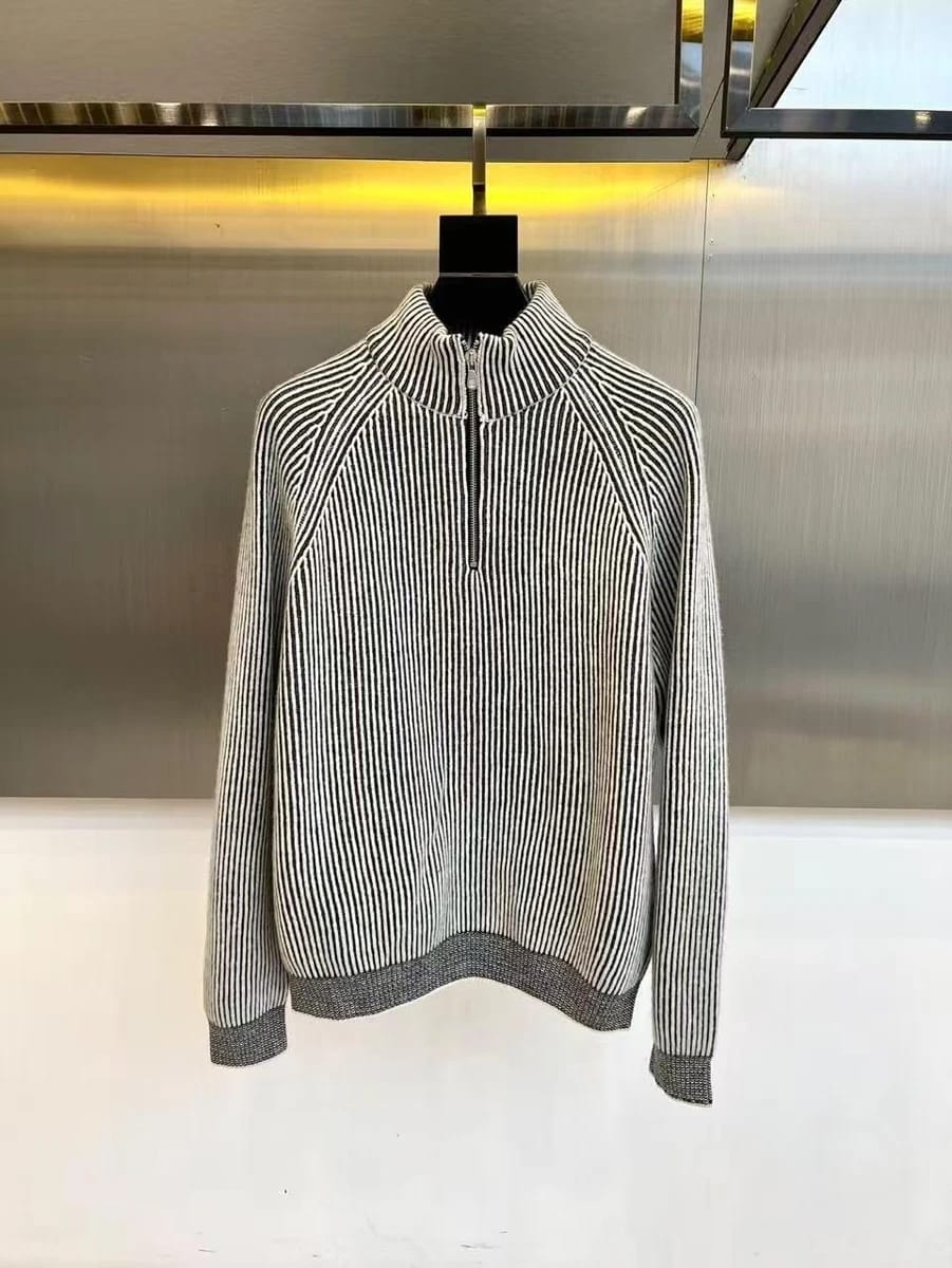 Brunello Cucinelli - Striped Ribbed Knit Quarter-Zip Sweater - Light Grey