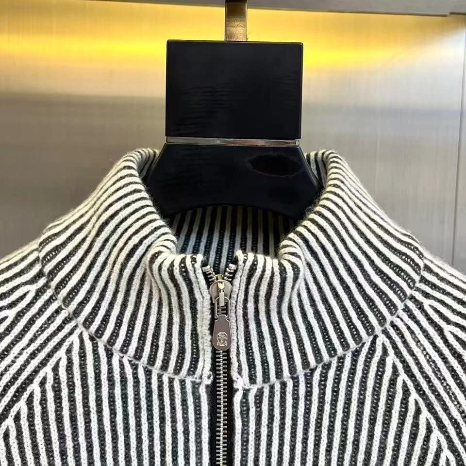 Brunello Cucinelli - Striped Ribbed Knit Quarter-Zip Sweater - Light Grey