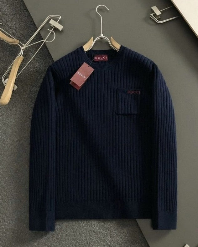Gucci - Men's Navy Ribbed Knit Crewneck Sweater