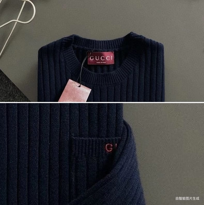 Gucci - Men's Navy Ribbed Knit Crewneck Sweater